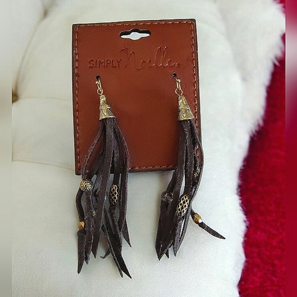 Simply Noelle Hanging Leather Steel Tassel Earrings NWT
